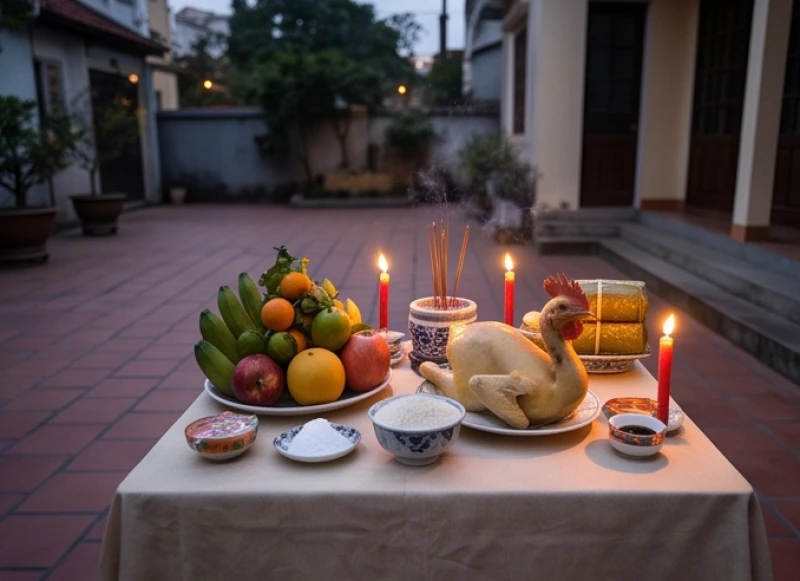 Mâm cúng thần linh được đặt trang trọng ngoài sân với đầy đủ vật phẩm truyền thống trước thềm năm mới