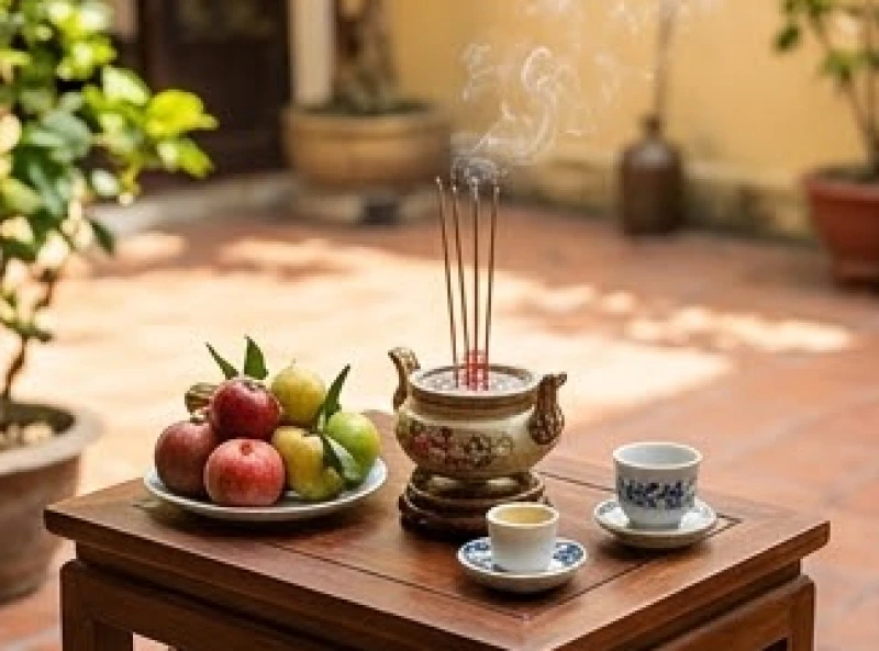Văn khấn gia tiên Tết Đoan Ngọ: Bản chuẩn cổ truyền & bản rút gọn 7 Bàn thờ nhỏ dâng lễ vật cúng Thần linh được đặt trang nghiêm ở không gian ngoài trời