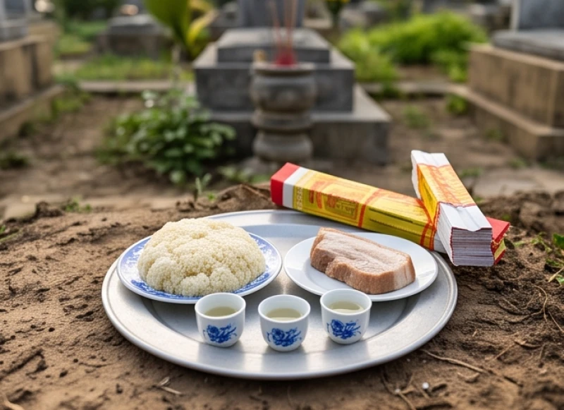 Văn khấn tạ mộ đầu năm: Bài cúng chuẩn và quy trình hạ lễ 4 Mâm lễ dâng Thổ Công cai quản nghĩa trang với đĩa xôi nếp, miếng thịt luộc, rượu trắng và đinh tiền vàng lá cờ đỏ