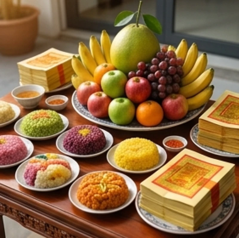 Lễ vật tươi ngon được bày biện ngay ngắn dâng lên chư vị Thổ Công và Thổ Địa nhằm cầu mong sự bình an