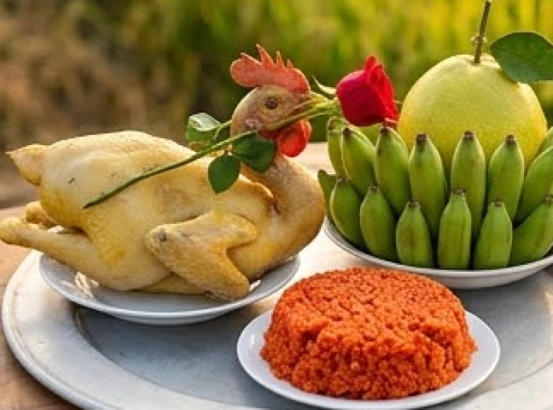 Mâm cúng Thần Nông đặc trưng của miền Bắc nổi bật với xôi gấc đỏ và gà trống luộc ngậm hoa hồng
