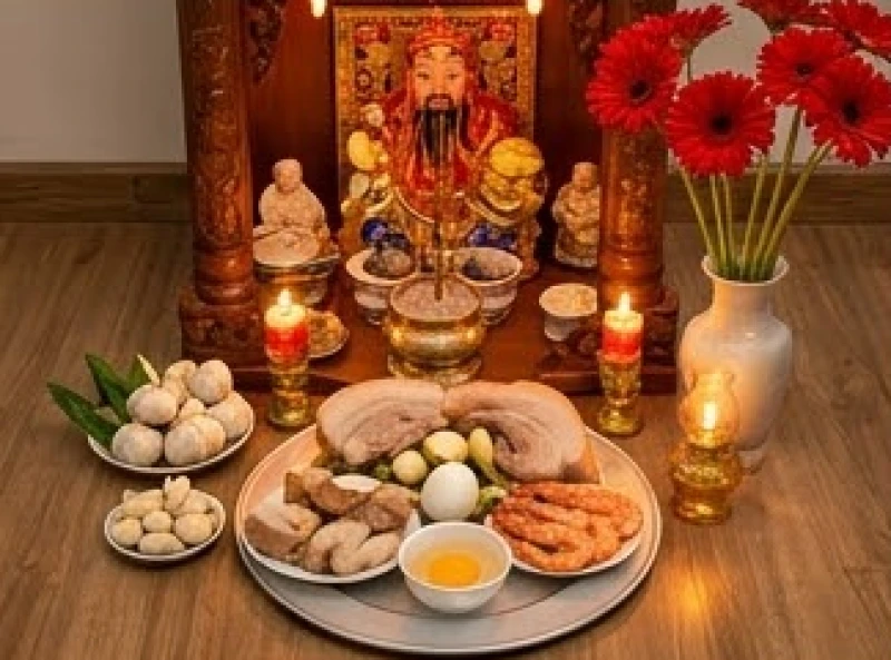 Lễ vật dâng Thần Tài Thổ Địa dịp đầu năm gồm bộ tam sên, tỏi tươi và hoa đồng tiền