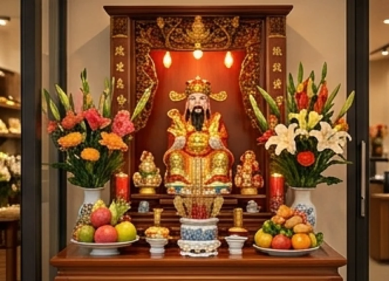 Mâm lễ dâng Thần Tài được đặt ngay ngắn trước sảnh chính của một cửa hàng kinh doanh