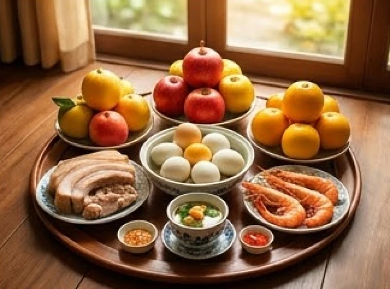 Mâm cúng khai trương văn phòng với bộ tam sên và hoa quả rực rỡ dâng ban Thần Tài