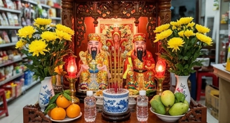 Văn khấn thần linh rằm tháng 7: bài cúng chuẩn tại nhà, cửa hàng 6 Ban thờ Thần Tài tại cửa hàng kinh doanh được dọn dẹp sạch sẽ, bày biện mâm cúng chiêu tài dịp lễ tháng bảy