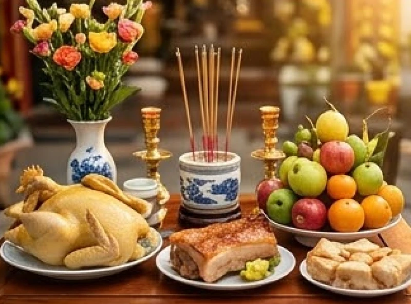 Mâm cúng Thần Tài Thổ Địa được bày biện tươm tất với gà luộc nguyên con, heo quay và bộ Tam Sên theo đúng chuẩn phong thủy