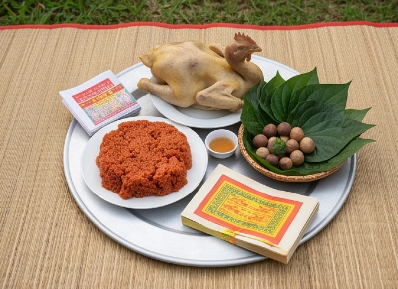 Mâm cúng ngoài phần mộ bao gồm gà luộc, xôi gấc, trầu cau và vàng mã được bày biện tươm tất