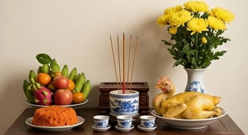 Mâm cỗ cúng Thanh Minh được chuẩn bị tươm tất với xôi gà và hoa tươi rực rỡ trên ban thờ