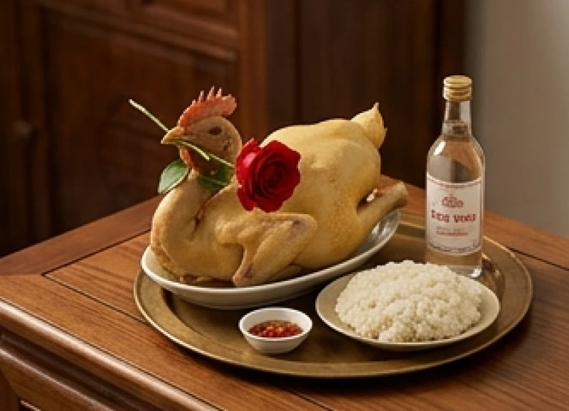 Văn khấn thay bát hương mới: Bài khấn chuẩn và thủ tục an vị 5 Mâm lễ mặn tươm tất gồm gà luộc ngậm hoa hồng đĩa xôi trắng và các vật phẩm truyền thống dâng lên bề trên