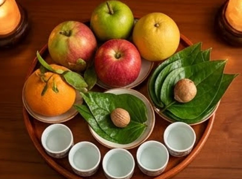 Mâm lễ vật cúng Thổ Công được bày biện cẩn thận với đầy đủ hoa quả tươi, trầu cau và các chén nước thanh khiết