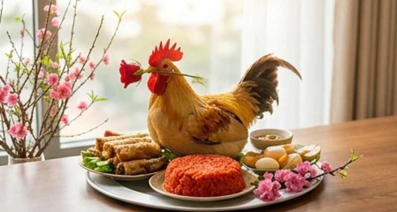 Văn khấn Thổ Công mùng 1 Tết: Bài cúng chuẩn và cách xưng thỉnh 1 Mâm cúng Thổ Công đầu năm đầy đủ xôi gấc và gà trống thiến ngậm hoa hồng rực rỡ