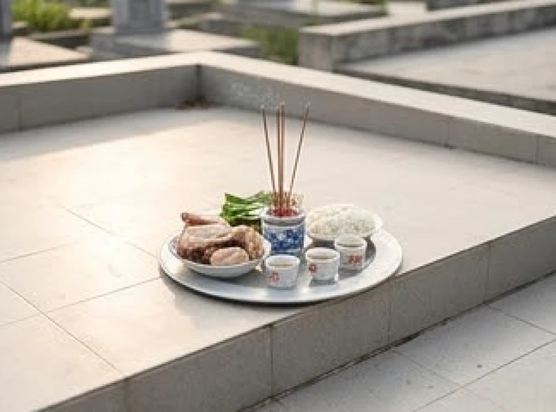 Văn khấn tảo mộ chuẩn cổ truyền và trình tự thực hiện bài bản 1 Mâm lễ vật cúng Thổ thần được bày biện trang nghiêm tại khu vực cao ráo trong nghĩa trang