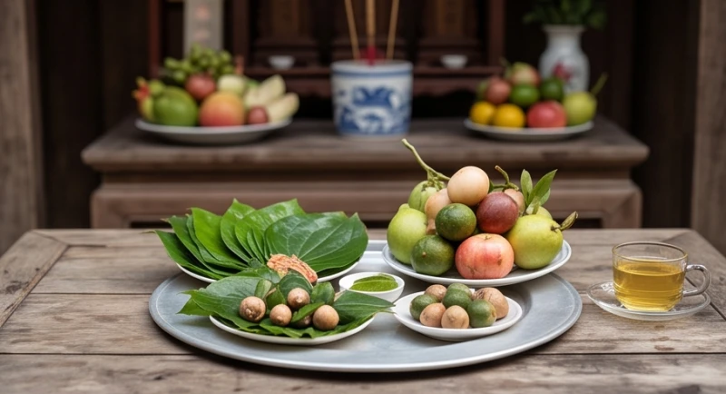 Văn khấn giỗ hết cha: Bài cúng chuẩn và trình tự xả tang 2 Mâm cúng yết cáo Thần linh đơn giản gồm hoa quả, trầu cau dâng lên vào chiều Tiên Thường.