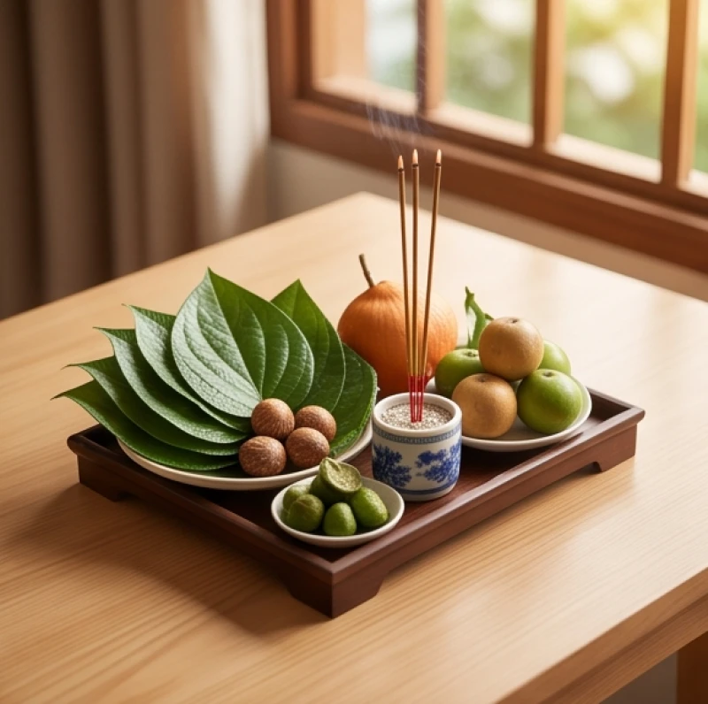 Văn khấn giỗ cha: Mẫu bài cúng chuẩn và trình tự hành lễ 1 Mâm lễ nhỏ cáo giỗ cha với đầy đủ hương hoa, trà quả và trầu cau tươi
