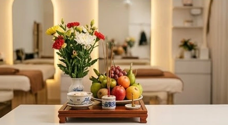 Bàn thờ cúng tổ nghề làm đẹp trang nhã đặt tại một không gian spa hiện đại