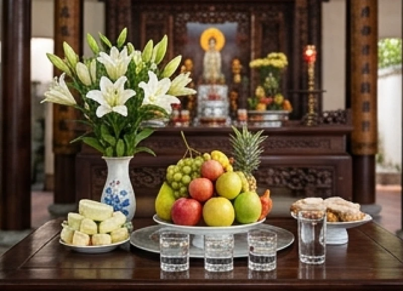 Mâm cúng trang trọng dâng lên Thánh Mẫu với hoa tươi và mâm ngũ quả đầy đặn