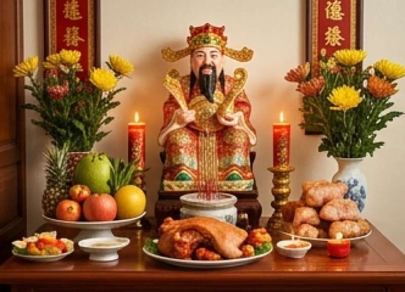 Mâm lễ vật cúng Thần Tài ngày mùng 10 tháng Giêng được chuẩn bị đầy đủ và tươm tất
