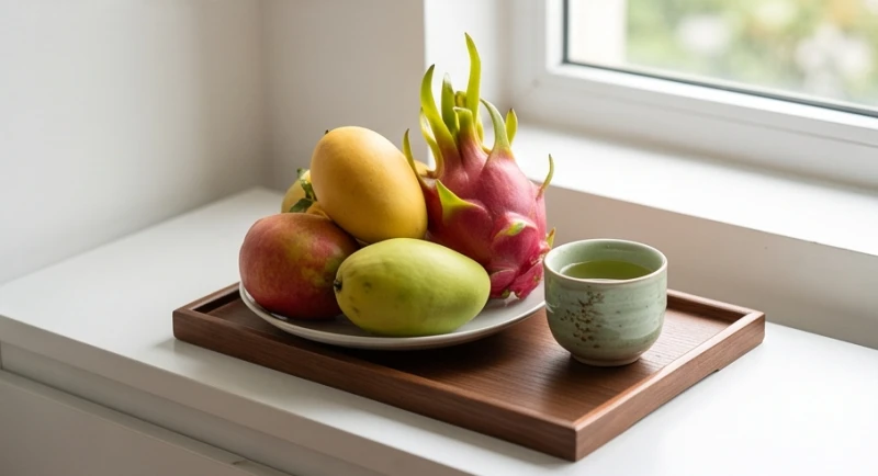 Mâm cúng chay đơn giản với hoa quả tươi dâng vọng trên ban thờ gia đình