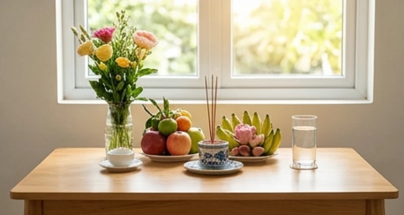 Mâm cúng vọng đơn giản gọn gàng tại gia đình với hương hoa, trái cây tươi để người xa xứ thành tâm hướng về ngày hội làng