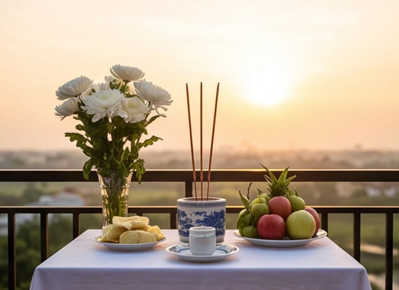 Mâm cúng vọng đơn giản với hoa cúc trắng và ngũ quả được bày biện trang nghiêm hướng về đền chính