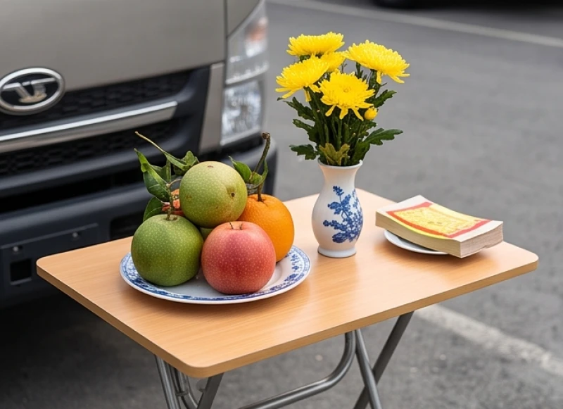 Mâm lễ cúng xe hàng tháng được tinh giản với đĩa trái cây tươi, bình hoa cúc và giấy tiền vàng mã