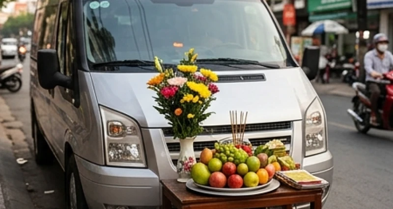 Mâm hoa quả tươi và lễ vật chay được đặt trang trọng trên chiếc bàn nhỏ trước mũi xe ô tô