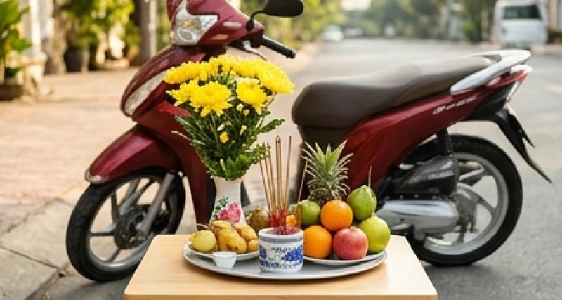 Mâm lễ chay đơn giản với hoa tươi và đĩa ngũ quả chuẩn bị để cúng xe máy cá nhân