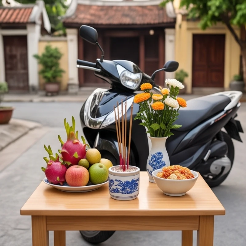 Mâm cúng xe máy đơn giản với đĩa trái cây tươi, hoa tươi và nhang đèn