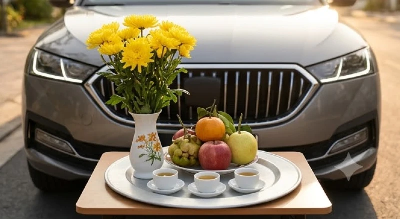 Mâm lễ vật ngũ quả và hoa cúc vàng được sắp đặt trang nghiêm phía trước mũi chiếc xe ô tô mới