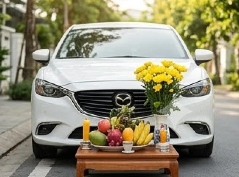 Tuổi Mão mua xe ngày nào tốt: Bảng tra cứu ngày giờ và hóa giải 11 Mâm lễ cúng xe mới được đặt trang trọng trước mũi xe tại khoảng sân rộng rãi để tạ ơn thần linh