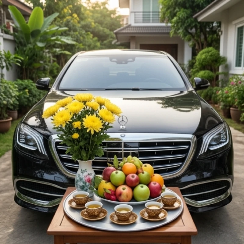 Phong thủy xe cho người tuổi Thân: Bảng tra cứu ngũ hành toàn diện 12 Mâm cúng xe ô tô mới mua với đầy đủ hoa quả và trà nước được đặt trang trọng trước mũi xe