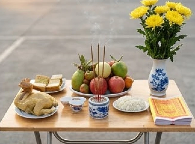 Mâm cúng mặn tươm tất với gà luộc, xôi, hoa tươi và tiền vàng mã dành cho nghi lễ cúng xe mới