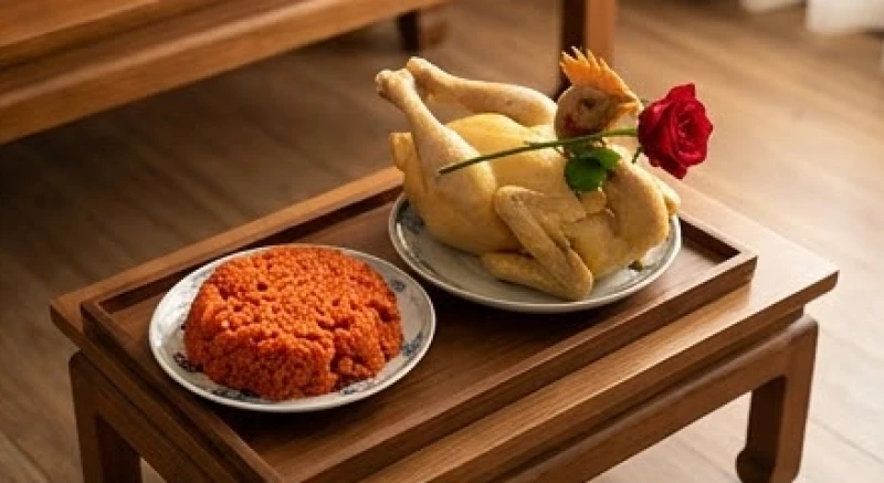 Mâm lễ mặn dâng Mẫu gồm xôi gấc đỏ và gà luộc chéo cánh được đặt trên bàn phụ thấp hơn ban thờ chính