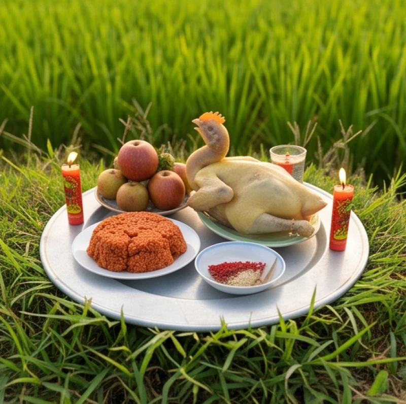 Văn khấn cúng ruộng đồng: bài khấn chuẩn & sắm lễ ngoài trời 1 Mâm cúng ruộng đồng đầy đủ xôi gà được đặt trang trọng trên bờ ruộng phẳng để thỉnh mời Thần Nông