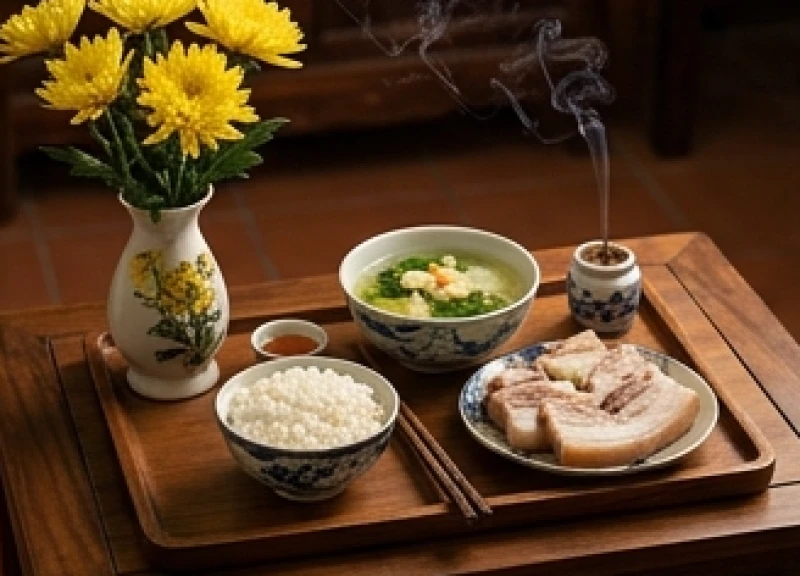 Văn khấn hết tang cha: Bài cúng chuẩn và trình tự làm lễ tại nhà 5 Mâm cơm mặn đơn giản cùng hoa quả tươi được dâng lên yết cáo Thổ thần trong ngày Tiên Thường