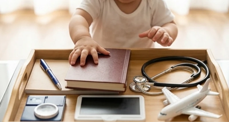 Em bé hào hứng đưa tay bốc đồ vật trên mâm để dự đoán nghề nghiệp tương lai