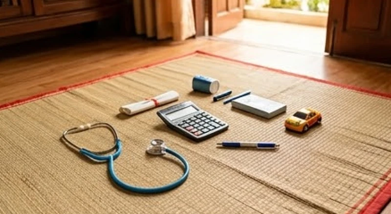 Chiếc mâm nhỏ trải thảm đặt các món đồ chơi như ống nghe, máy tính, cây bút và ô tô để bé chọn nghề