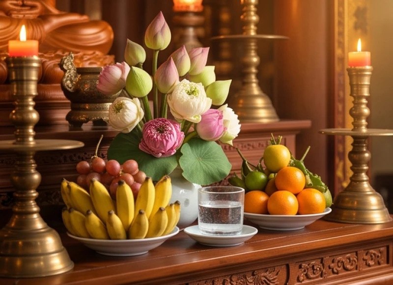 Văn khấn Đức Thánh Hiền tại chùa: Bài cúng chuẩn và sắm lễ chay 1 Mâm đồ cúng thuần chay gồm hoa tươi và trái cây đặt trên ban thờ trong không gian chùa thanh tịnh