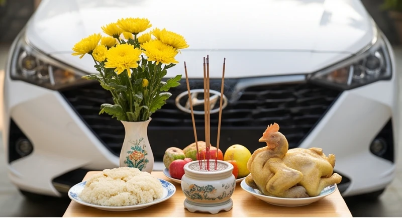 Mâm đồ cúng xe ô tô mới với đầy đủ hoa tươi, xôi chè và lư hương được sắp xếp cẩn thận