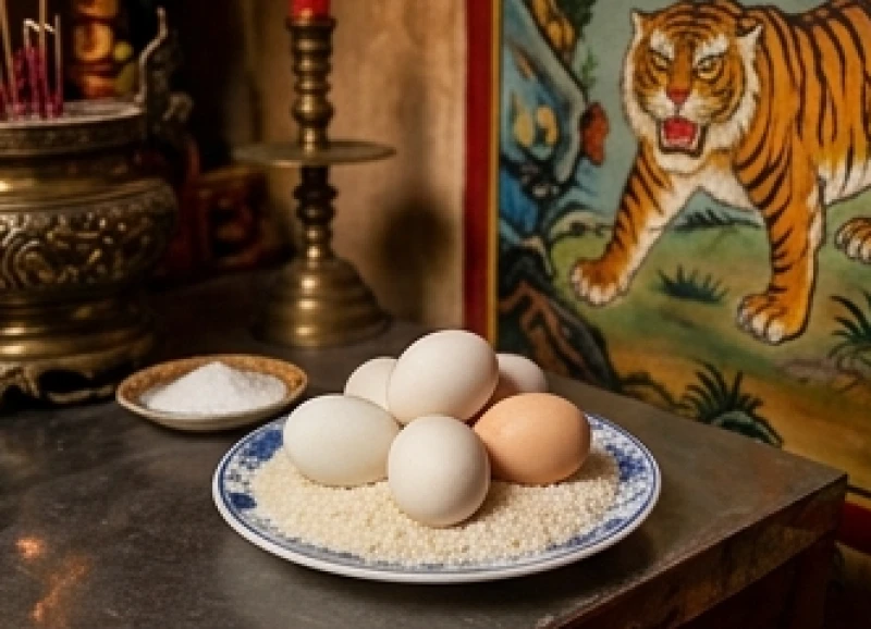 Văn khấn tại đền phủ: Trình tự dâng lễ & bài khấn chuẩn nghi lễ 6 Đĩa gồm năm quả trứng vịt sống dâng lên ban Ngũ Hổ đặt ở vị trí dưới gầm ban thờ