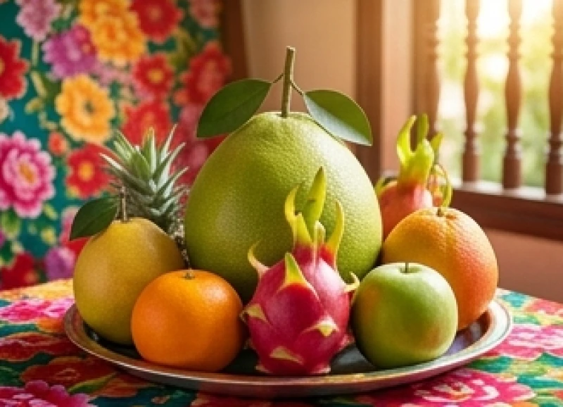 Đĩa ngũ quả tươi tắn và rực rỡ dâng lên mâm cúng Bà Chúa Xứ nhằm cầu mong sự thanh tịnh