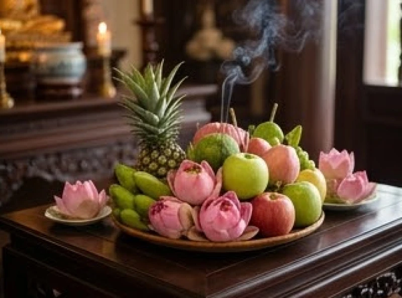 Đĩa trái cây tươi và hoa sen sắm sửa làm mâm lễ chay dâng lên chư Phật