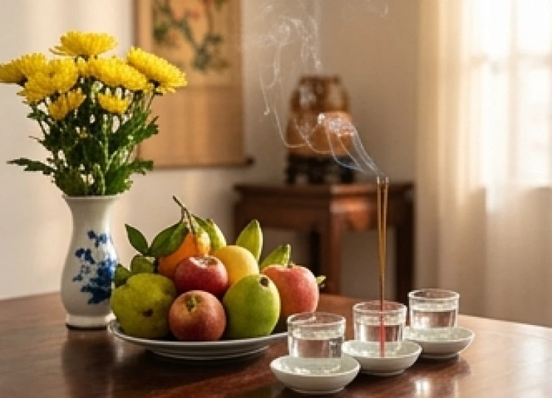 Văn khấn tại đền phủ: Trình tự dâng lễ & bài khấn chuẩn nghi lễ 2 Đĩa hoa quả tươi và ba chén nước sạch đặt trang trọng trên ban thờ gia tiên tại nhà
