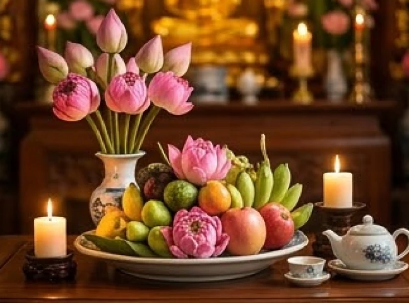 Văn khấn khi vào chính điện: Chuẩn nghi thức chùa và gia tiên 5 Mâm hoa sen và quả chín tươi tắn bày biện ngay ngắn làm lễ vật trước khi đọc văn khấn khi vào chính điện ban Tam Bảo