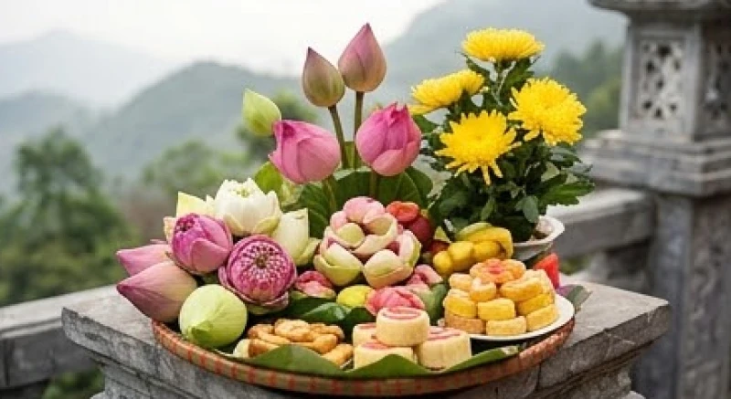 Văn khấn xin lộc Quốc Mẫu Tây Thiên: Sắm lễ & Bài khấn làm ăn 5 Mâm hoa tươi rực rỡ được sắm sửa chu đáo để dâng lên Đền Cô cầu hanh thông
