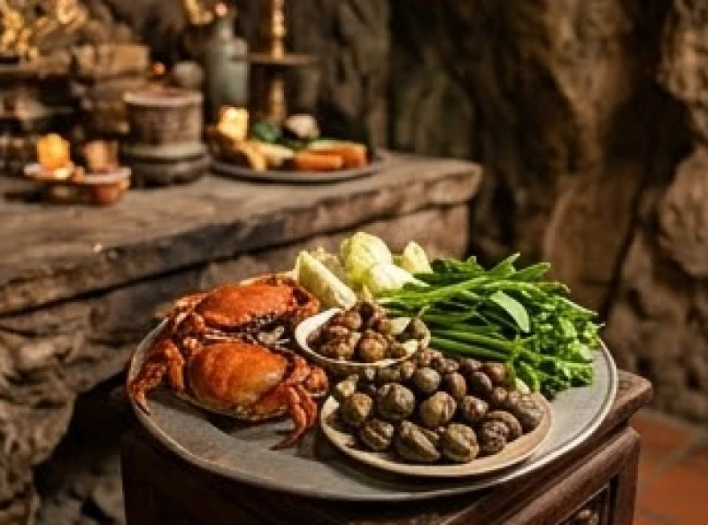 Mâm lễ mặn dâng ban Sơn Trang với các sản vật đặc trưng như cua đồng và ốc luộc tươi ngon
