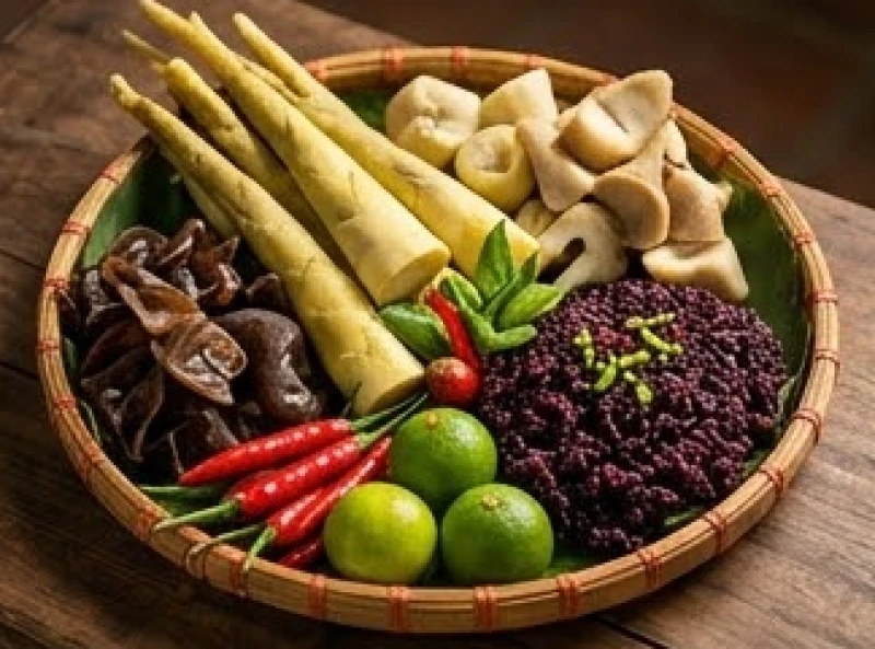 Mâm lễ dâng ban Sơn Trang với các đặc sản núi rừng như măng và mộc nhĩ