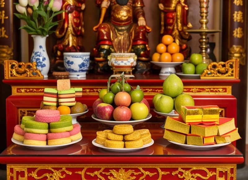 Các khay bánh kẹo và trái cây đặc sản được xếp đẹp mắt dâng lên ban Tam Tòa Thánh Mẫu thiêng liêng