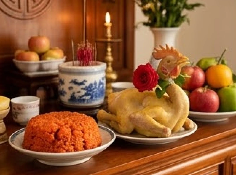 Văn khấn báo cáo gia tiên khi thi đỗ: Bài cúng & mâm lễ tạ ơn 1 Mâm lễ tạ ơn gia tiên với đầy đủ xôi gấc, gà luộc và trái cây tươi bày biện trang nghiêm trên bàn thờ