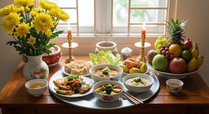 Các lễ vật thuần chay tươm tất trên bàn thờ gồm trái cây tươi, hoa cúc vàng và thức ăn chay